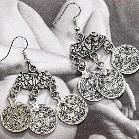 $8 SALE! Antiqued Silver Tibetan Coin Earrings - Picture 5 of 8